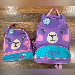 Llama Backpack and lunchbox with name Emery.